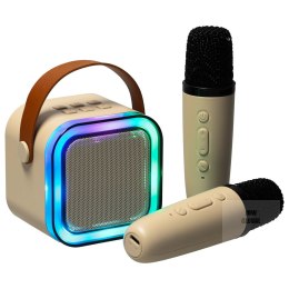 Zestaw do karaoke 2 mikrofony + głośnik przenośny BLUETOOTH USB LED beżowy