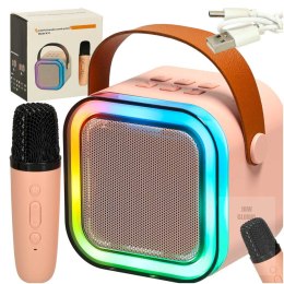 Zestaw do karaoke mikrofon + głośnik przenośny BLUETOOTH USB LED różowy