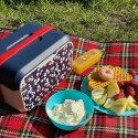 Mini lodówka turystyczna 5L KAMAI EDA wzór kwiat wiśni, lunchox na wkłady mrożące - waniliowy korpus, czerwona rączka, błękitna EDA