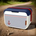 Mini lodówka turystyczna 5L KAMAI EDA wzór marynarski, lunchox na wkłady mrożące - waniliowy korpus, czerwona rączka, błękitna  EDA