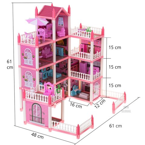 Domek dla lalek willa różowa DIY 4 poziomy mebelki 61cm Domek dla lalek willa różowa DIY 4 poziomy mebelki 61cm